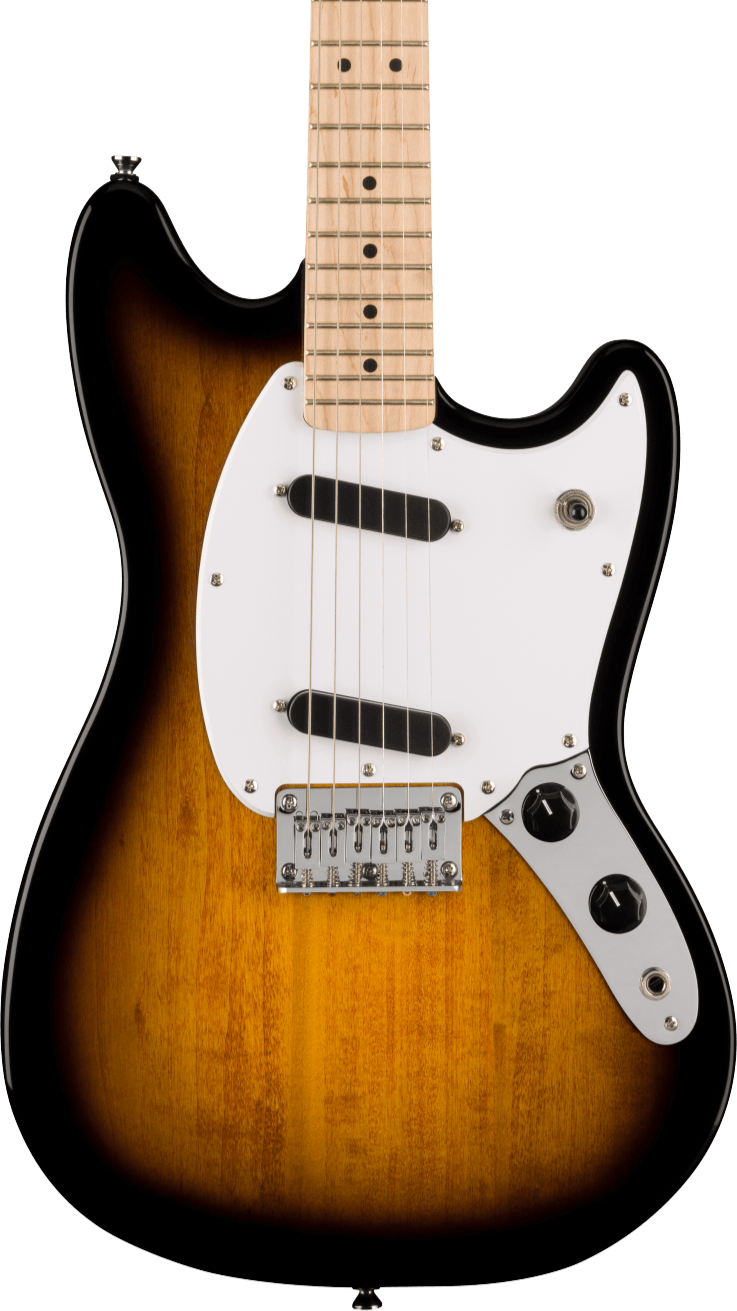 Sunburst electric guitar with a white pickguard, two black single-coil pickups, chrome bridge, two control knobs, and a maple fretboard.