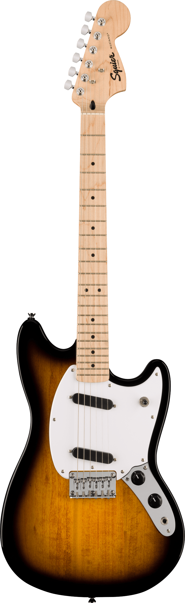 Sunburst Squier Mustang electric guitar with maple neck, white pickguard, two black single-coil pickups, and chrome bridge hardware.