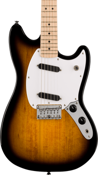Sunburst electric guitar with a white pickguard, two black single-coil pickups, chrome bridge, two control knobs, and a maple fretboard.