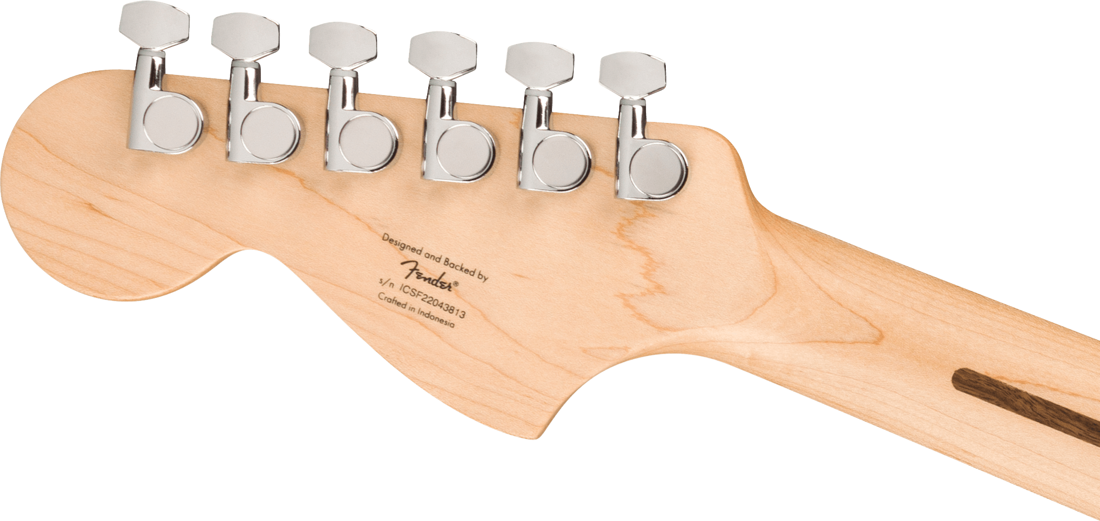 Light wood electric guitar headstock with six chrome tuning pegs in a row, labeled Fender; crafted in Indonesia.