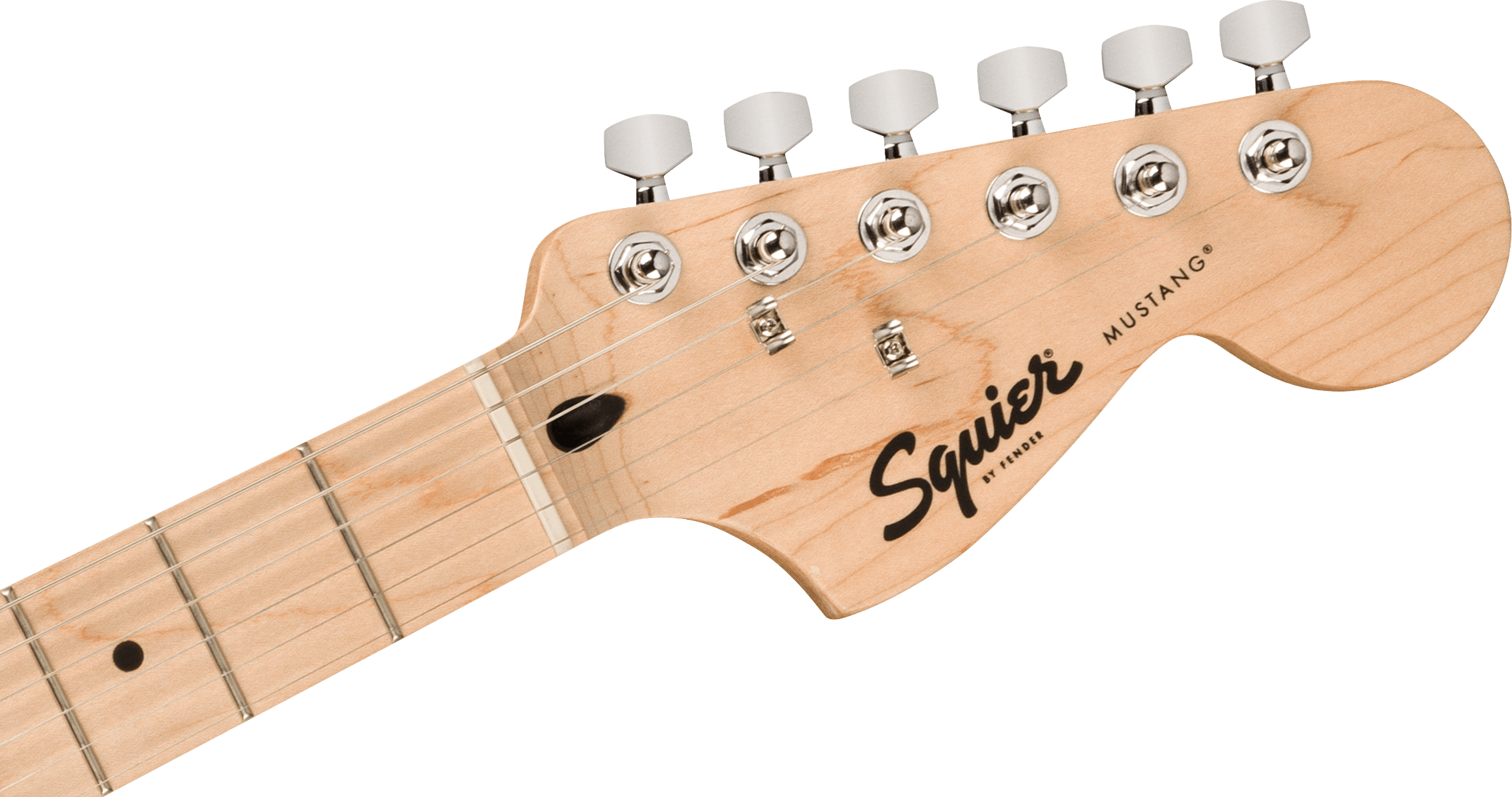 Light maple Squier Mustang electric guitar headstock with six metal tuning pegs, black logo, and part of the maple fretboard with dot inlay.