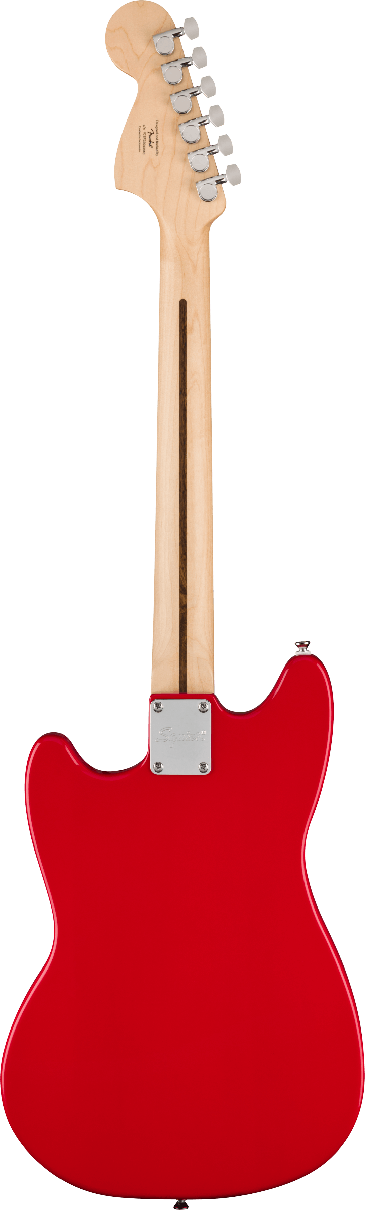 Bright red electric guitar shown from the back, with a light wood neck and six silver tuning pegs.