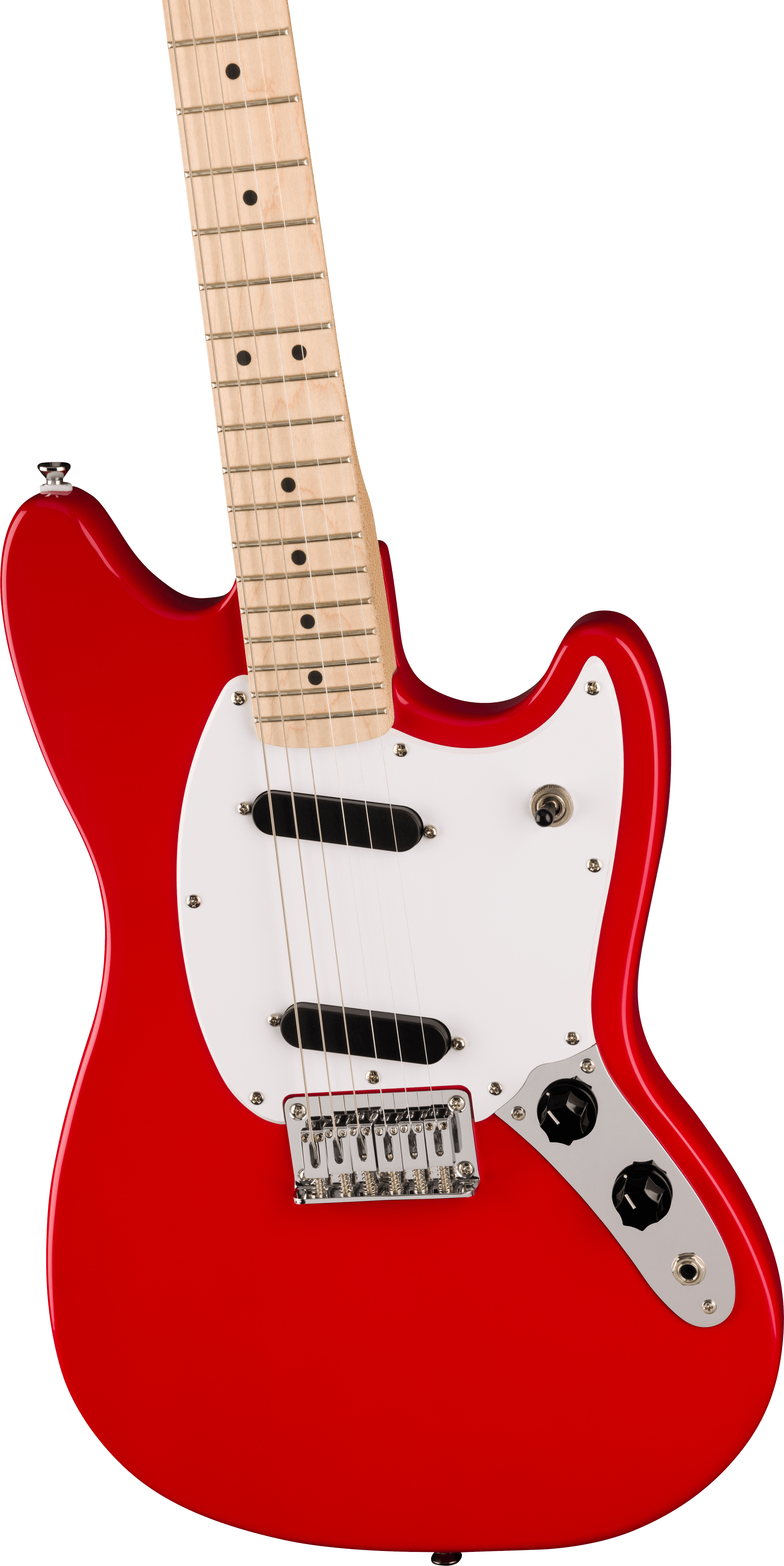 Bright red electric guitar with a white pickguard, two black pickups, maple neck, chrome bridge, and black control knobs.