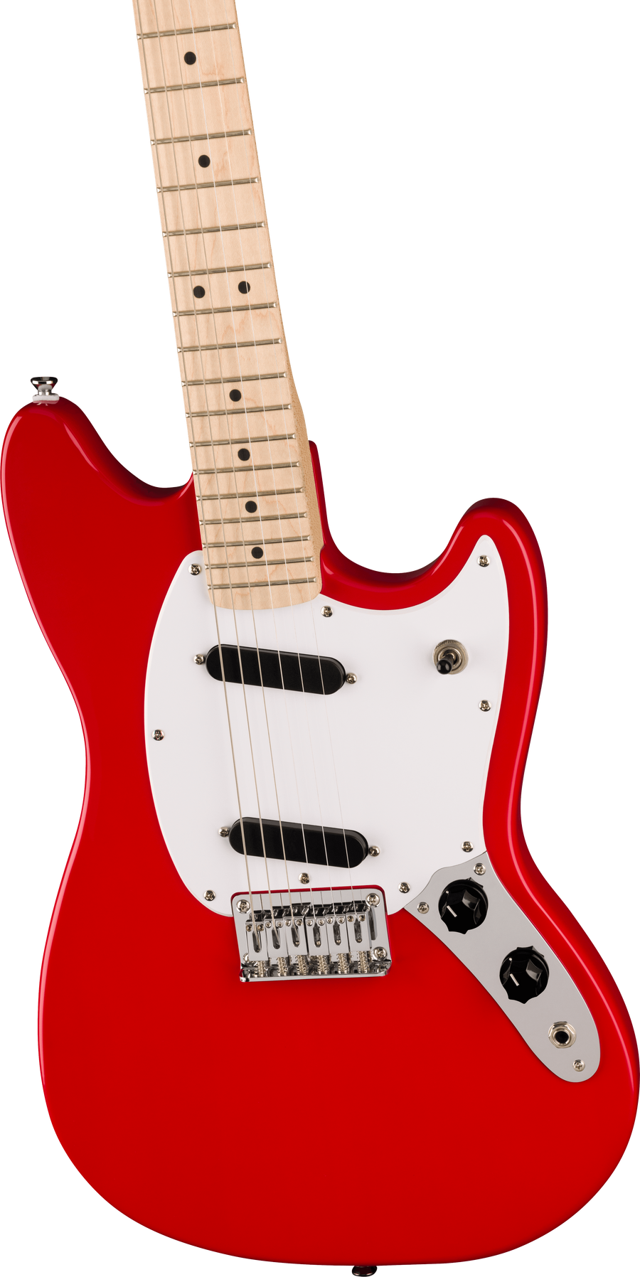 Bright red electric guitar with a white pickguard, two black pickups, maple neck, chrome bridge, and black control knobs.