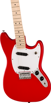 Bright red electric guitar with a white pickguard, two black pickups, maple neck, chrome bridge, and black control knobs.