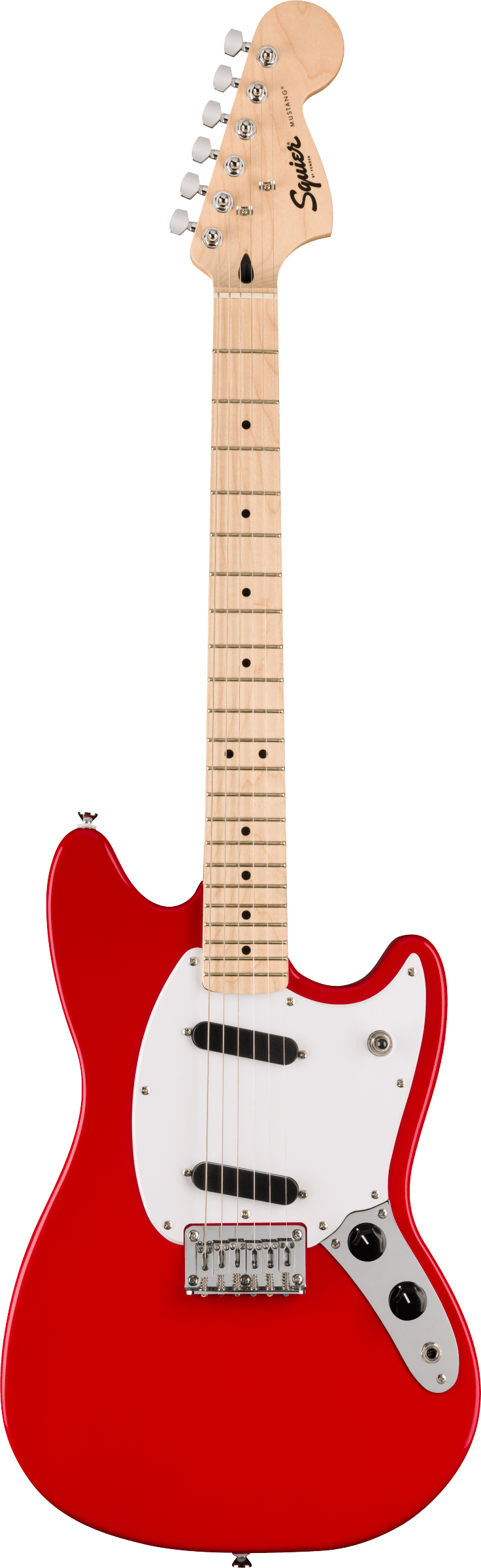Red electric guitar with a white pickguard, two black single-coil pickups, chrome bridge, maple neck, and six tuning pegs on the headstock.