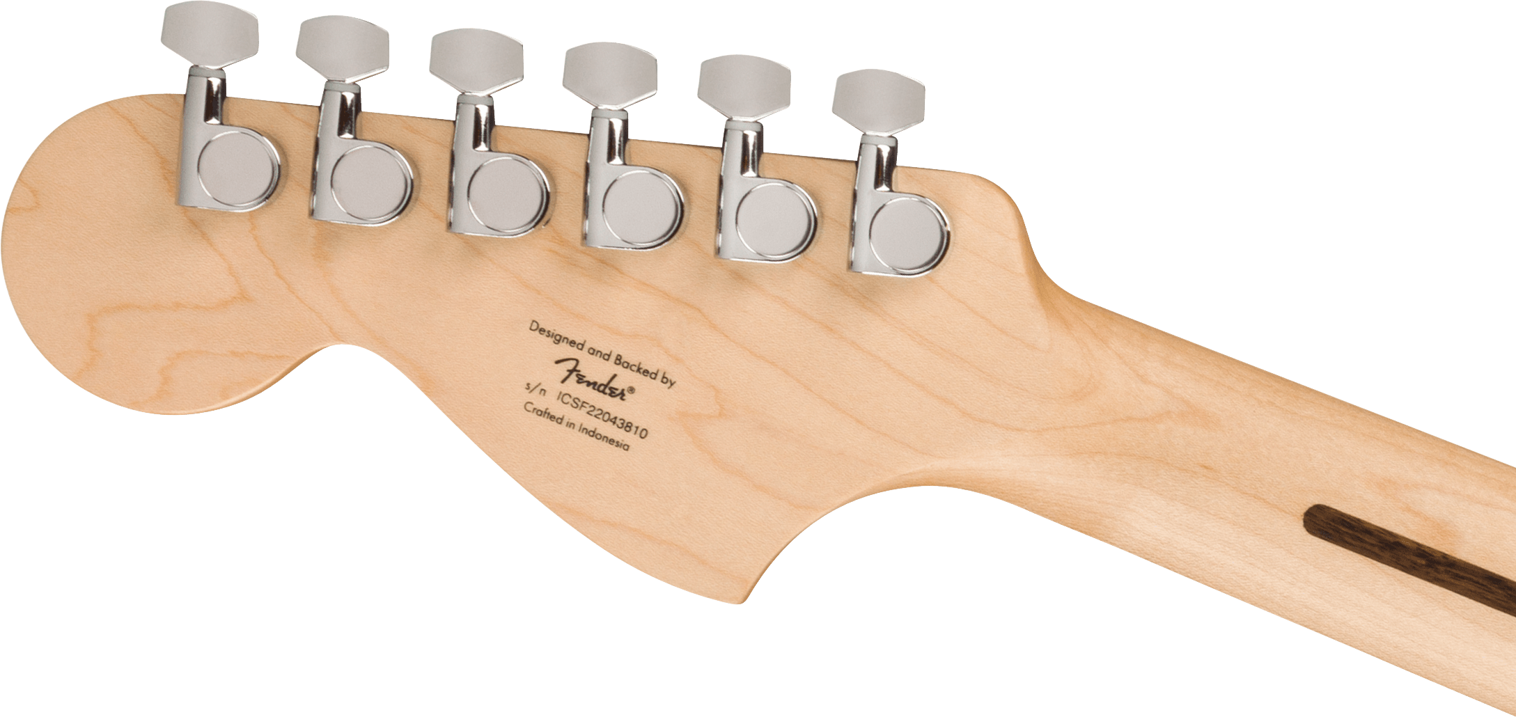 Six chrome tuning pegs line the light wood headstock of a Fender electric guitar, with serial and crafting info printed on the back.