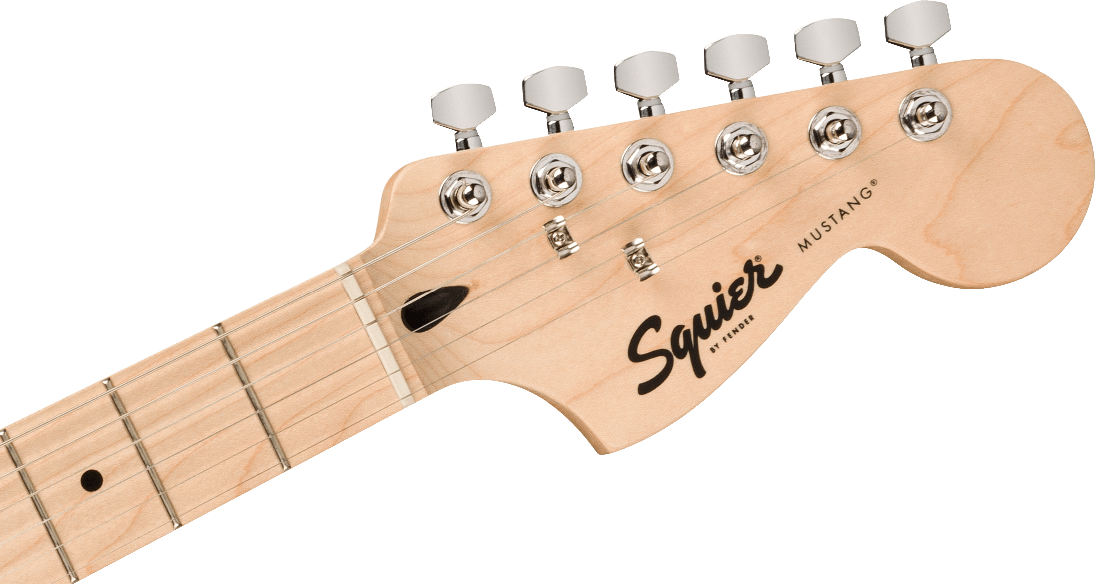 Light wood electric guitar headstock with six chrome tuning pegs, black Squier logo, and Mustang model text; visible maple fretboard with strings.