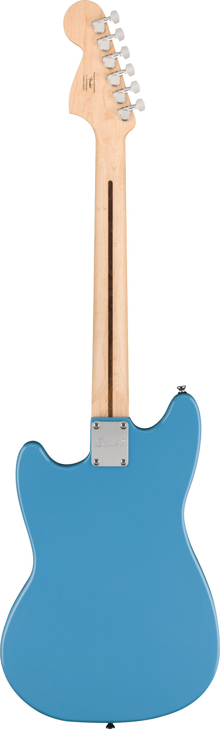 Light wood neck and headstock with six chrome tuners, blue contoured body, silver neck plate engraved with "Squier" on this electric guitar.