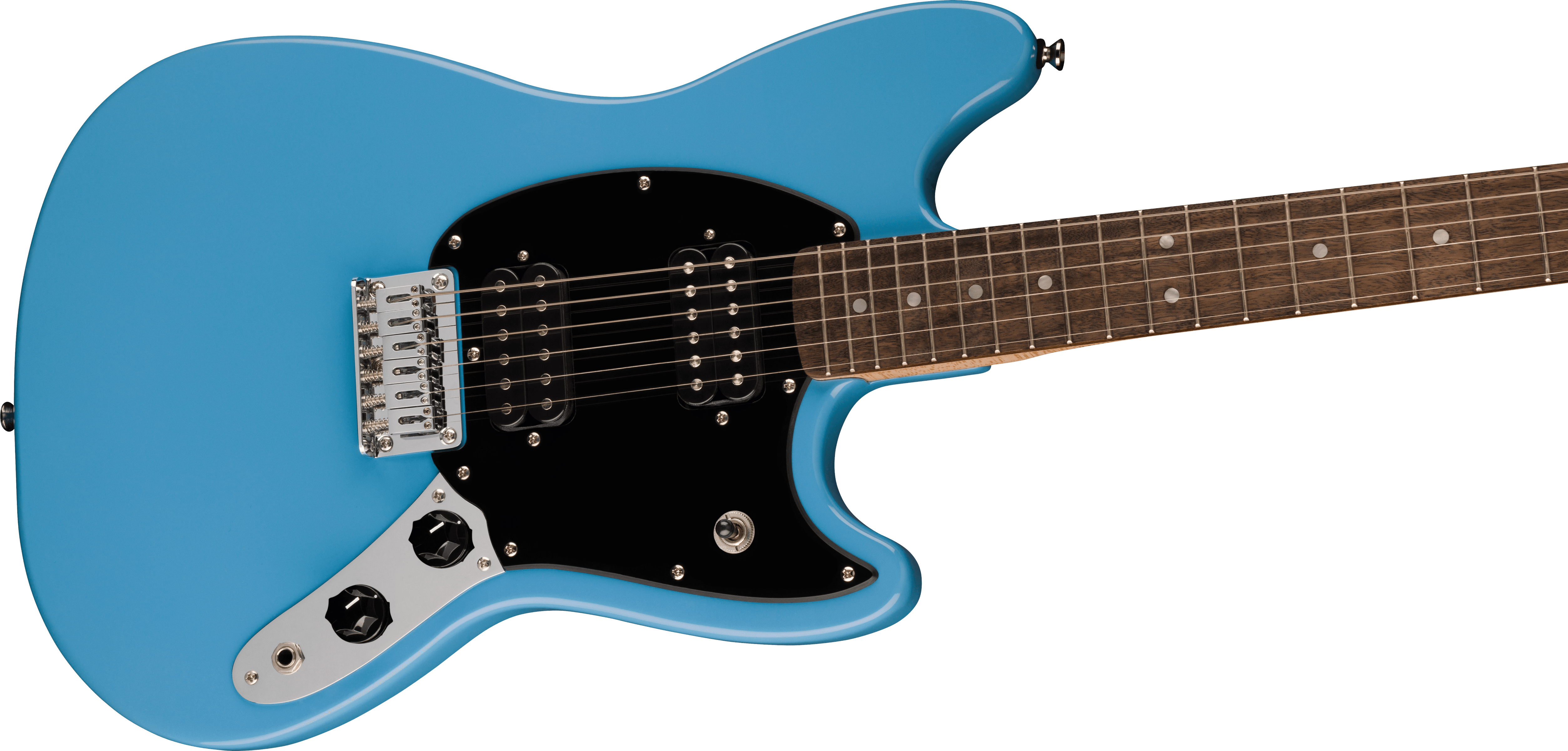 Electric guitar with a bright blue body, black pickguard, two black knobs, chrome bridge, and dark wood fretboard with white dot inlays.
