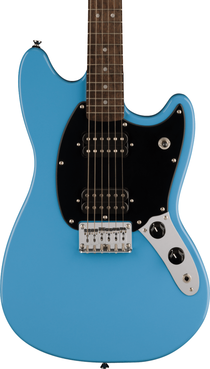 Blue electric guitar with a black pickguard, two humbucker pickups, chrome bridge, two black control knobs, and a 6-string rosewood fretboard.