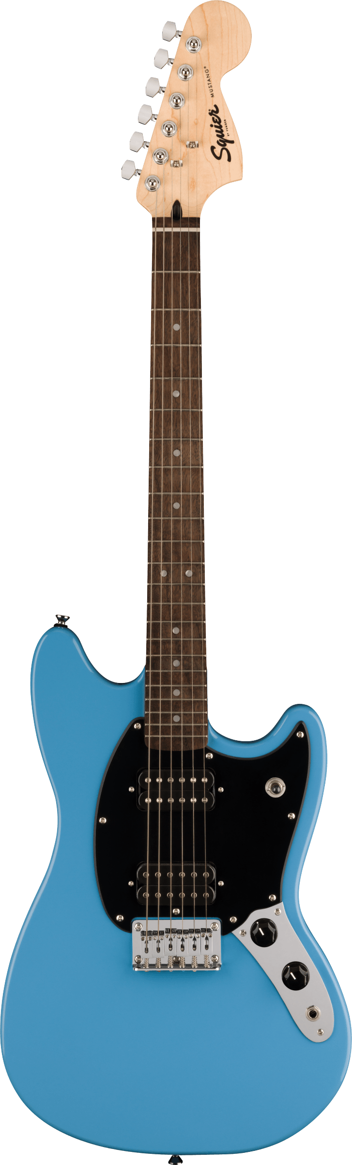 Bright blue electric guitar with a black pickguard, two humbucker pickups, six strings, and a maple neck with a natural wood headstock.