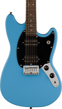 Blue electric guitar with a black pickguard, two humbucker pickups, chrome bridge, two black control knobs, and a 6-string rosewood fretboard.