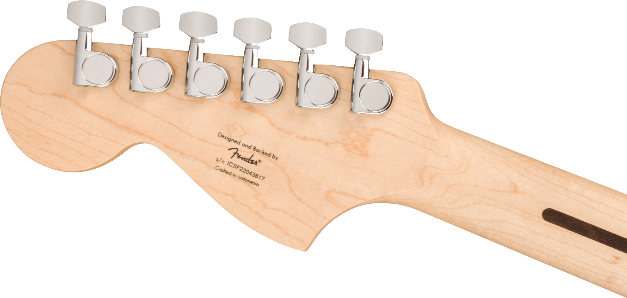 Six chrome tuning pegs line the light wood headstock of a Fender electric guitar, serial number ICSP22043817, crafted in Indonesia.