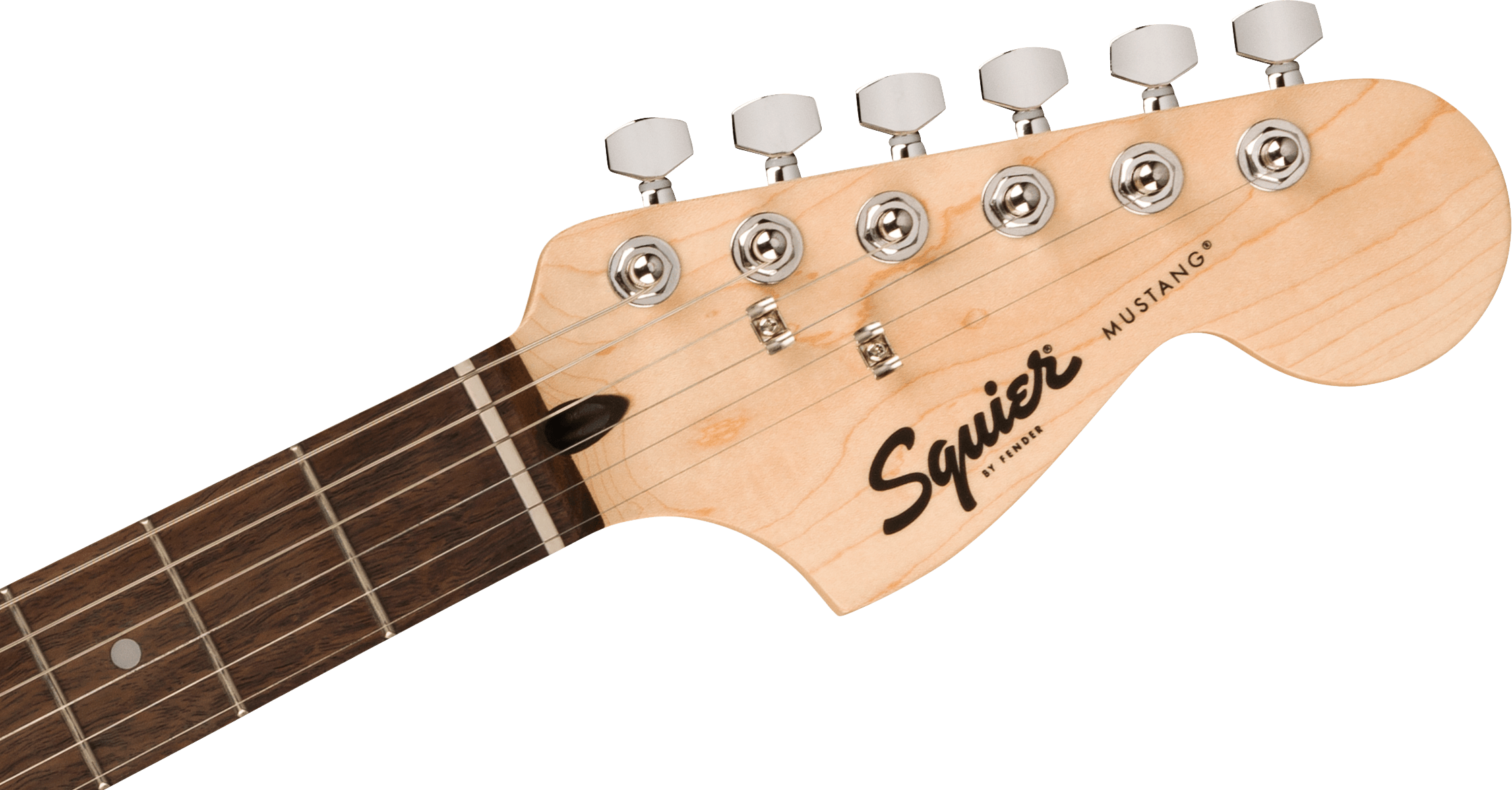 Squier Mustang electric guitar headstock with six chrome tuning pegs, maple finish, and Squier by Fender logo in black script.