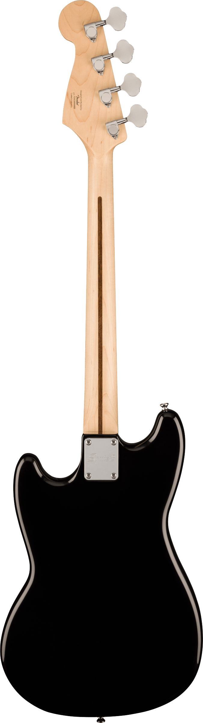 Squier electric bass guitar, shown from the back with a black body, bolt-on maple neck, and four chrome tuning pegs.