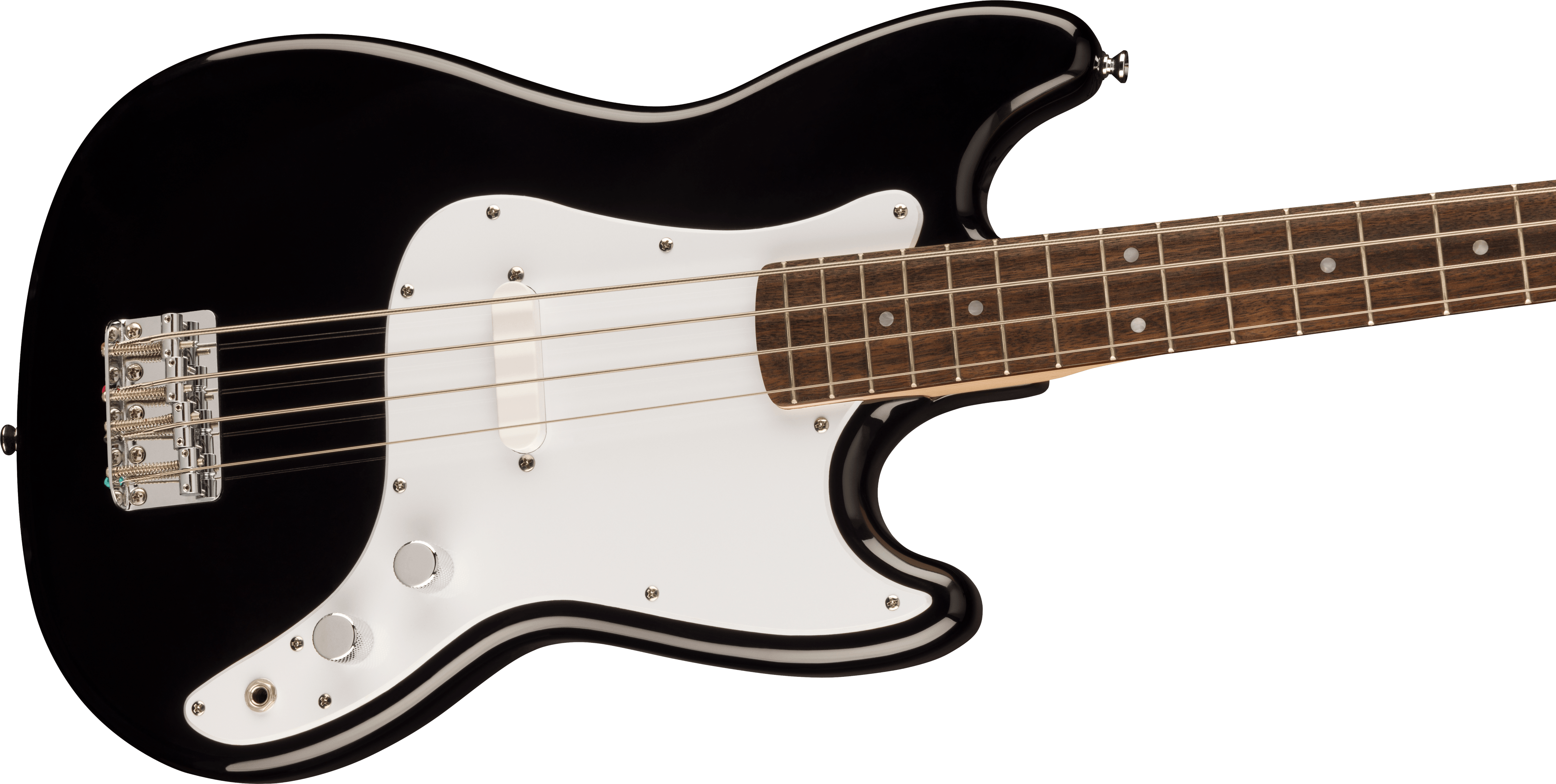 Black Squier electric bass guitar with a white pickguard, four strings, two chrome knobs, and a brown fretboard with white dot inlays.