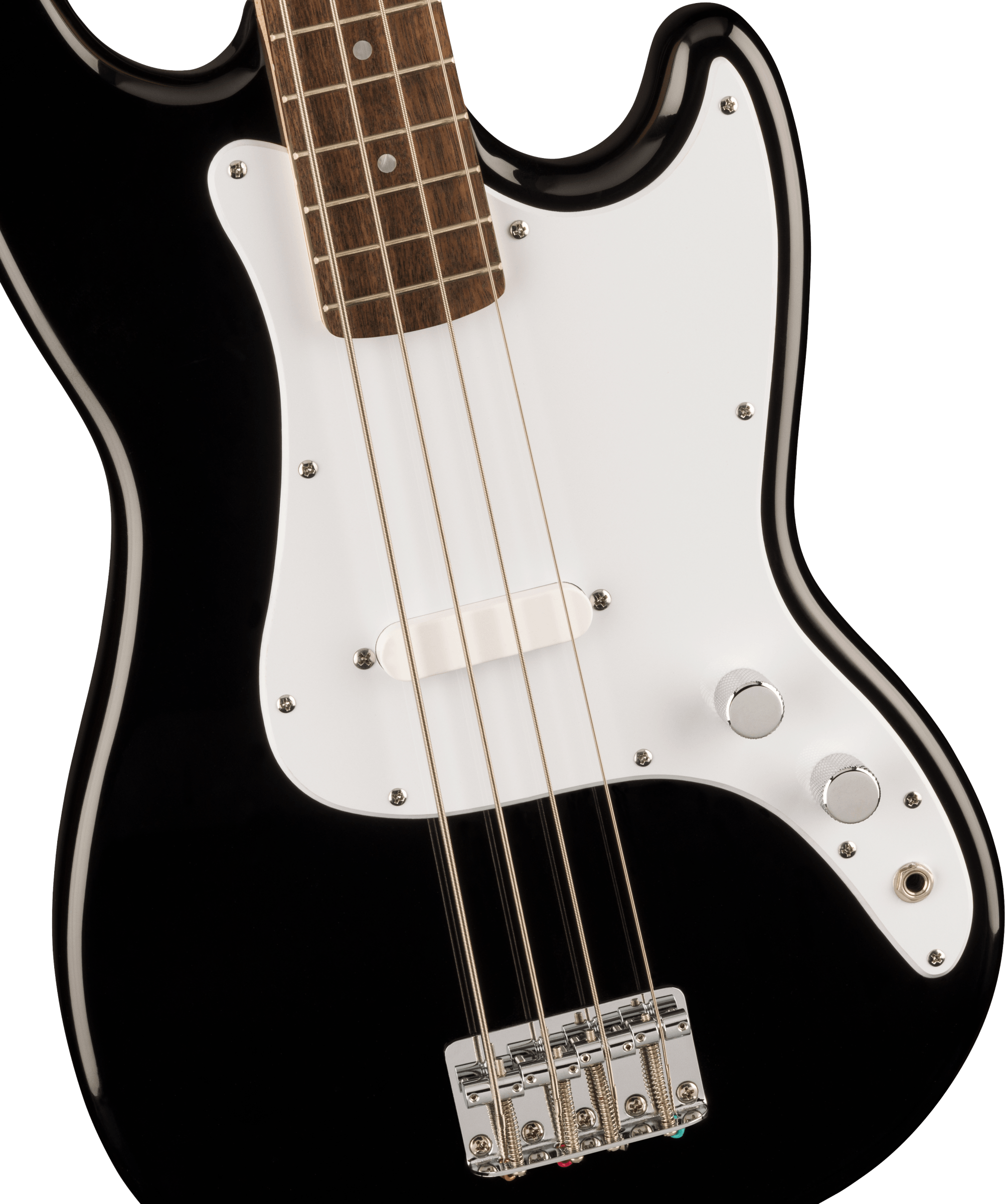 Squier electric bass guitar with a black body, white pickguard, four strings, two control knobs, and a bridge pickup.