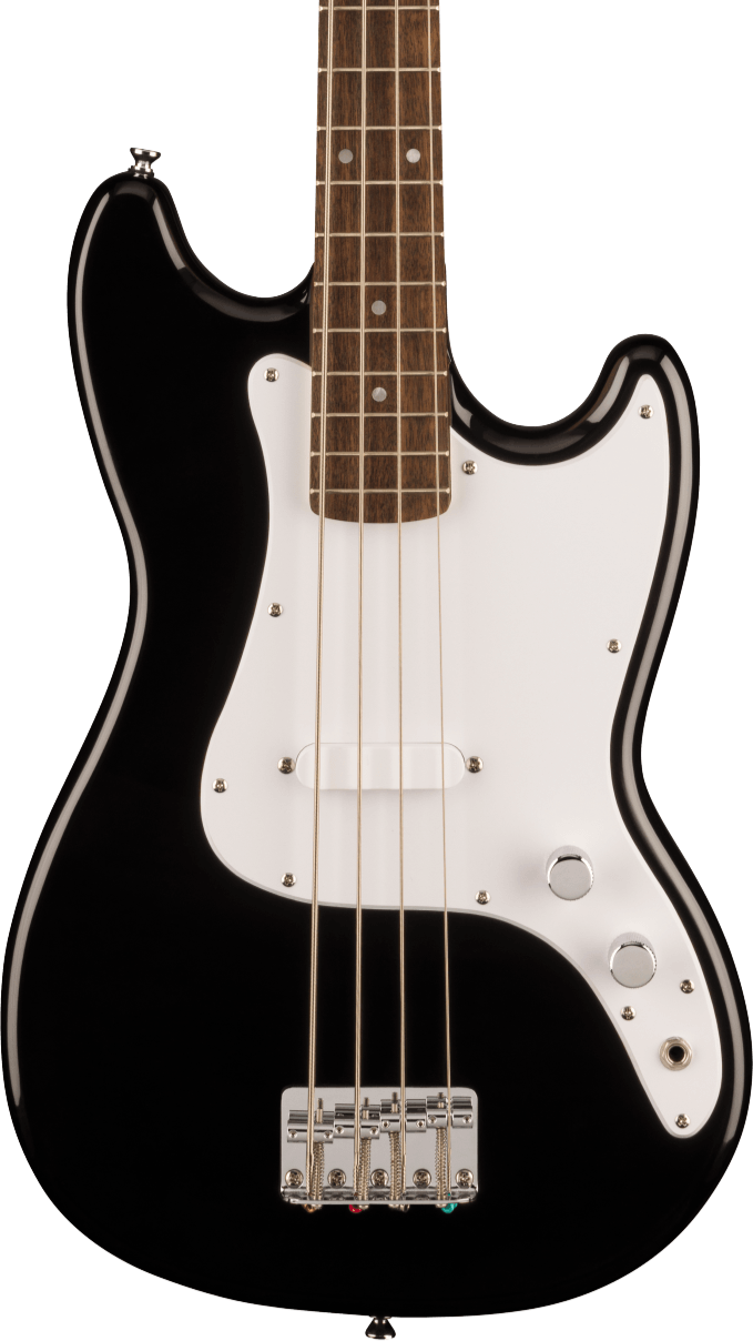 Black Squier electric bass guitar body with a white pickguard, four strings, two control knobs, and a chrome bridge.