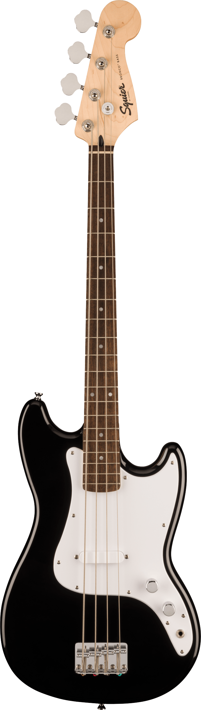 Squier Bronco Bass guitar, black body, white pickguard, four strings, maple headstock with chrome tuning pegs, dot inlays on the fretboard.
