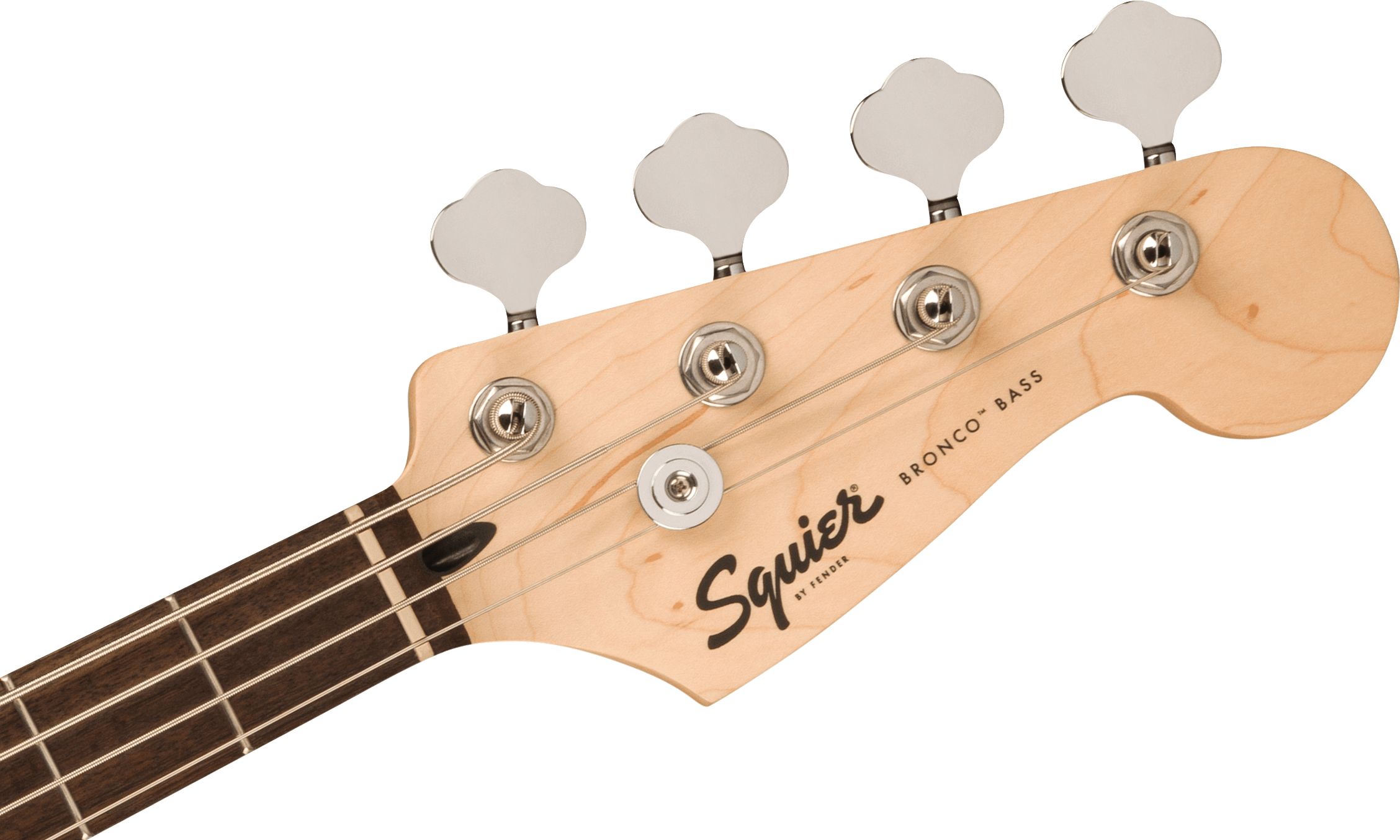 Four-string Squier Bronco Bass guitar headstock with silver tuning pegs, maple wood finish, and Squier logo in black script.