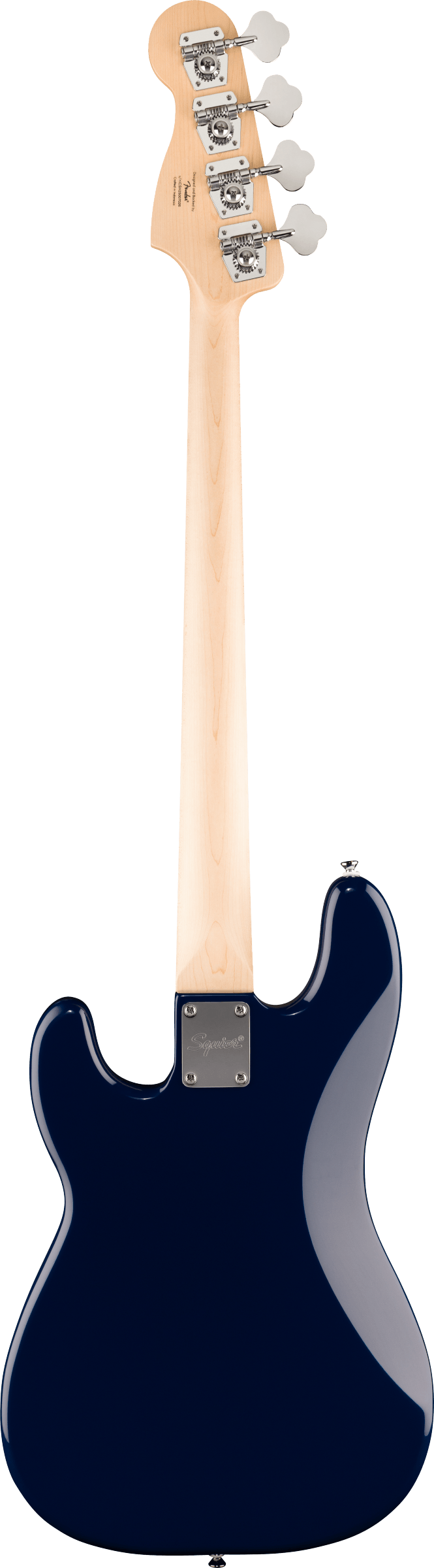 Rear view of a bass guitar with a light wood neck and a glossy dark blue body, showing four open-gear tuning machines and a neck plate.
