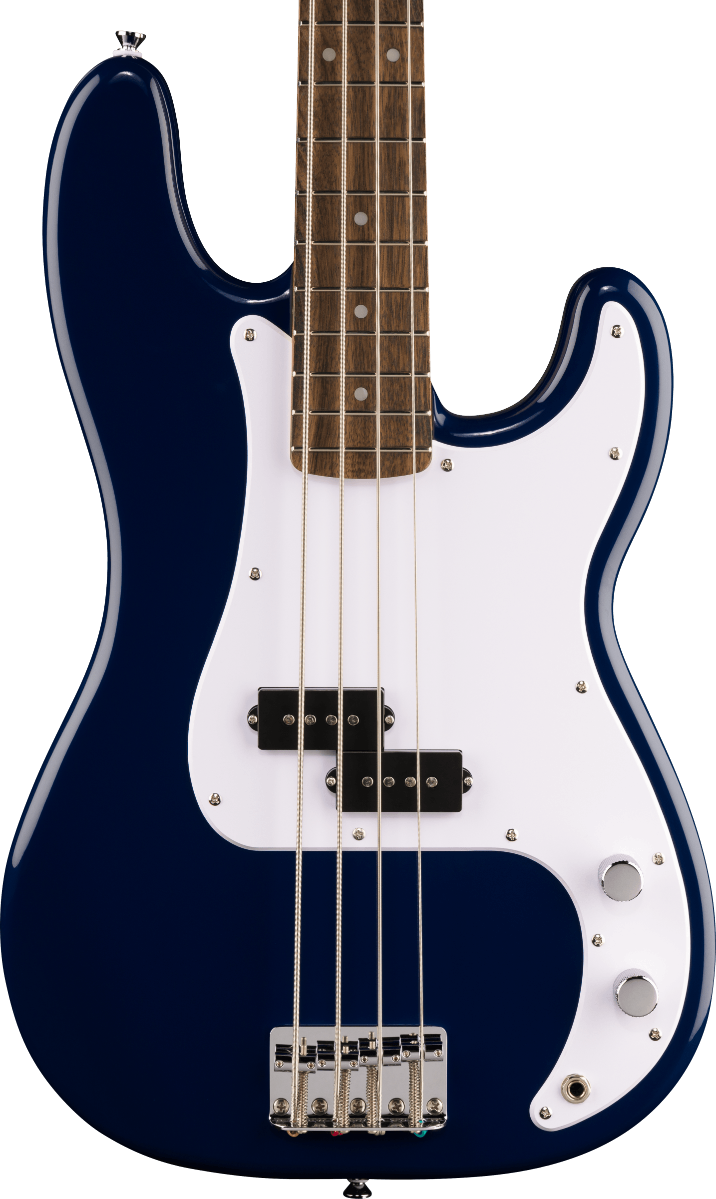 Dark blue electric bass guitar with four strings, a white pickguard, chrome knobs, and a brown fretboard featuring white dot inlays.