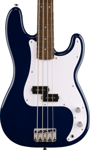 Dark blue electric bass guitar with four strings, a white pickguard, chrome knobs, and a brown fretboard featuring white dot inlays.