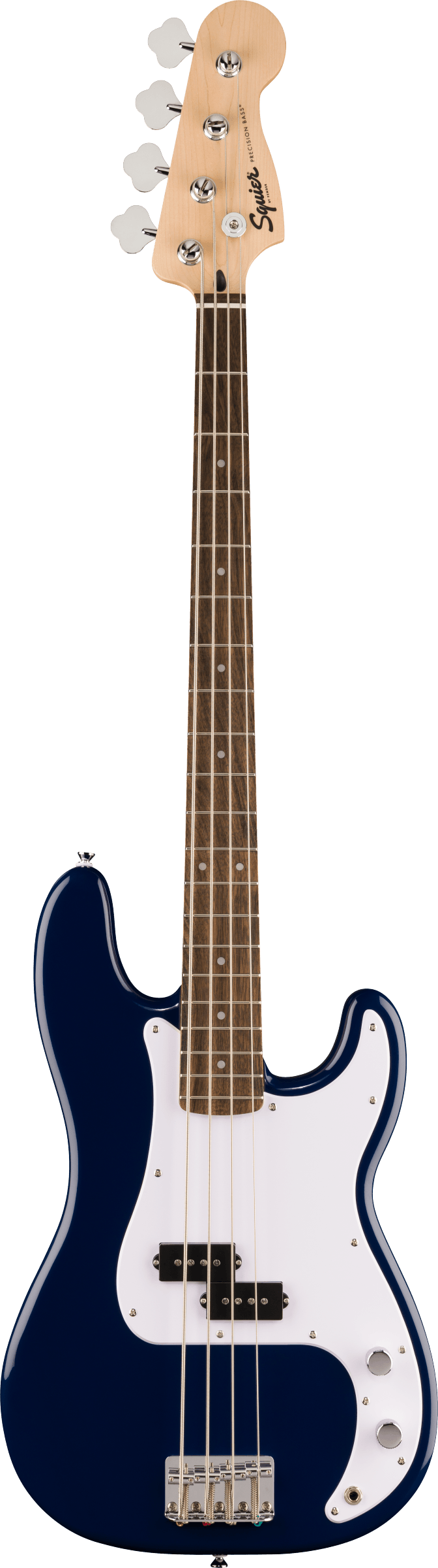 Squier Precision Bass Guitar with a blue body, white pickguard, four strings, silver tuning pegs, and a natural wood neck.