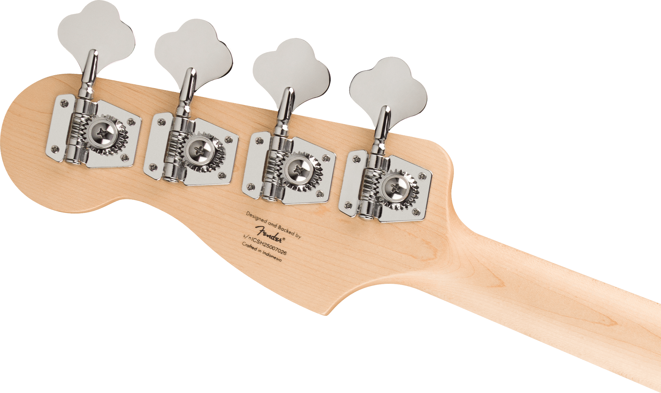 Maple bass guitar headstock with four chrome tuning pegs and engraved Fender logo on the back.