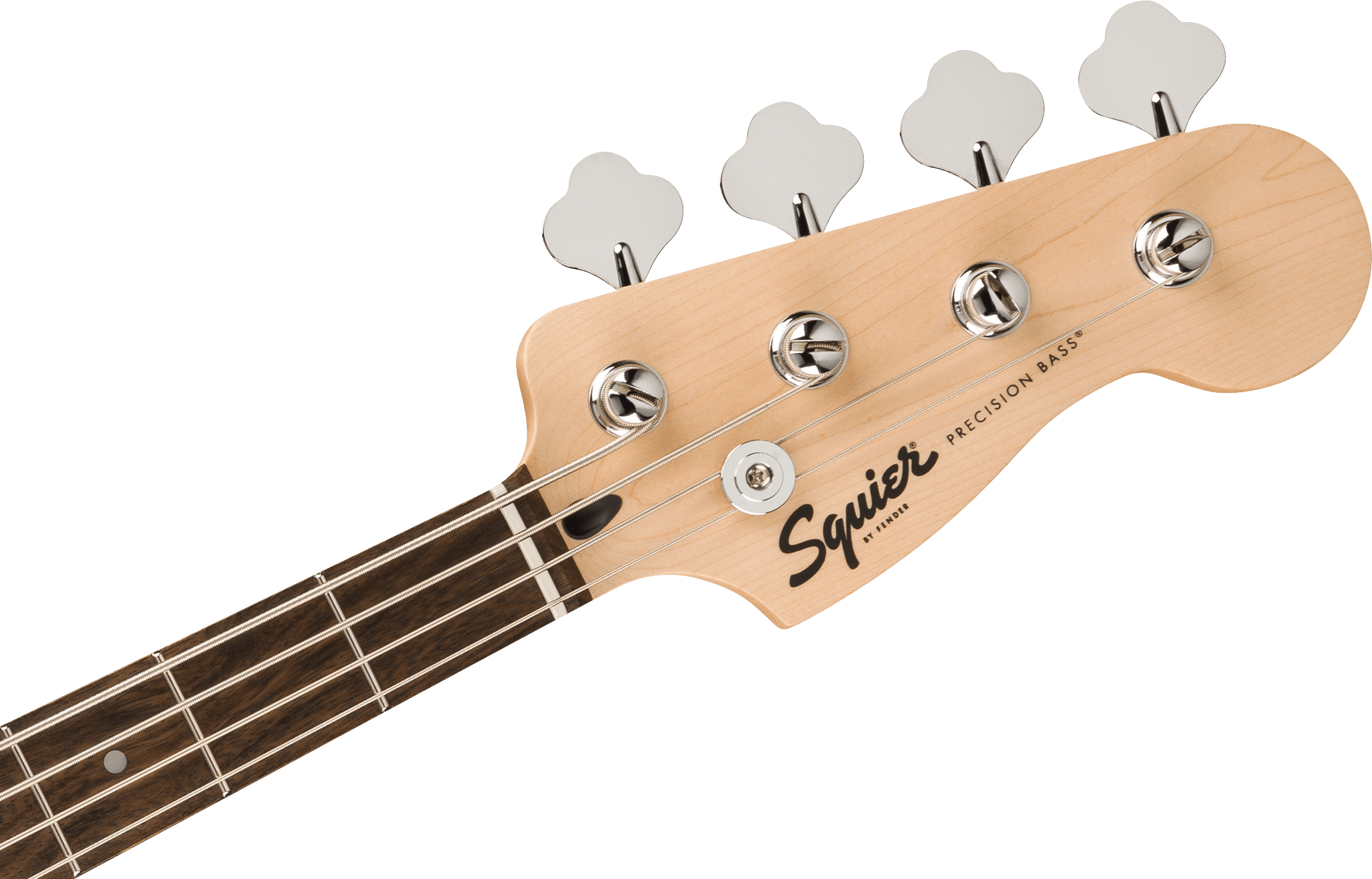 Light wood Squier Precision Bass guitar headstock with four metal tuning pegs and a dark fingerboard with white fret markers.