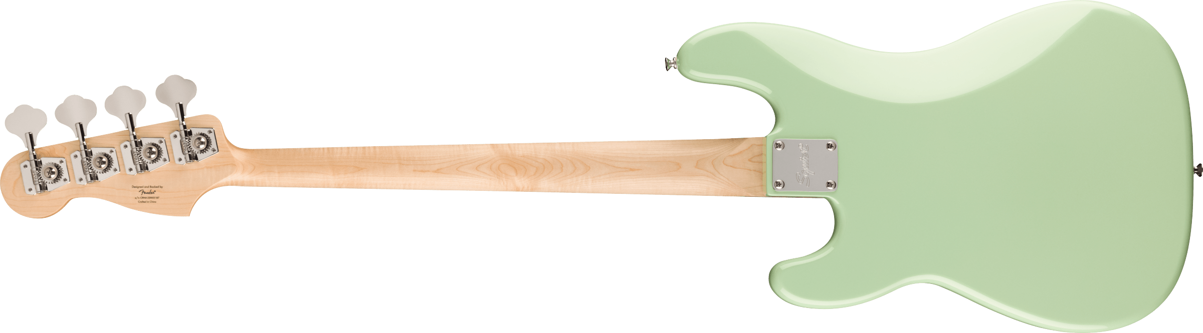 Rear view of a bass guitar with a natural wood neck and pale green body, featuring four tuning pegs and a silver neck plate engraved with "Squier".
