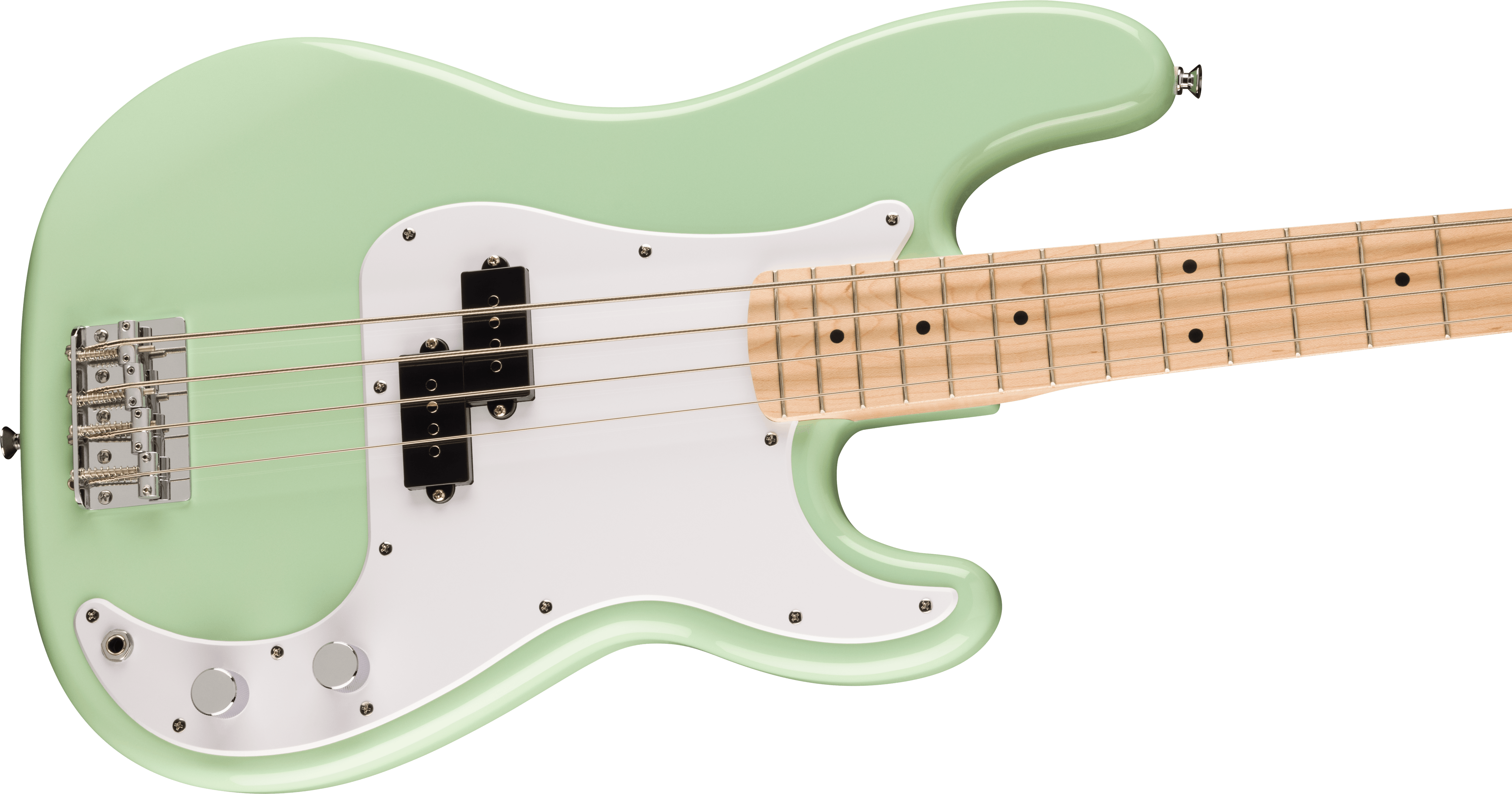 Light green electric bass guitar with a white pickguard, chrome hardware, four strings, and a light wood neck featuring black dot inlays.