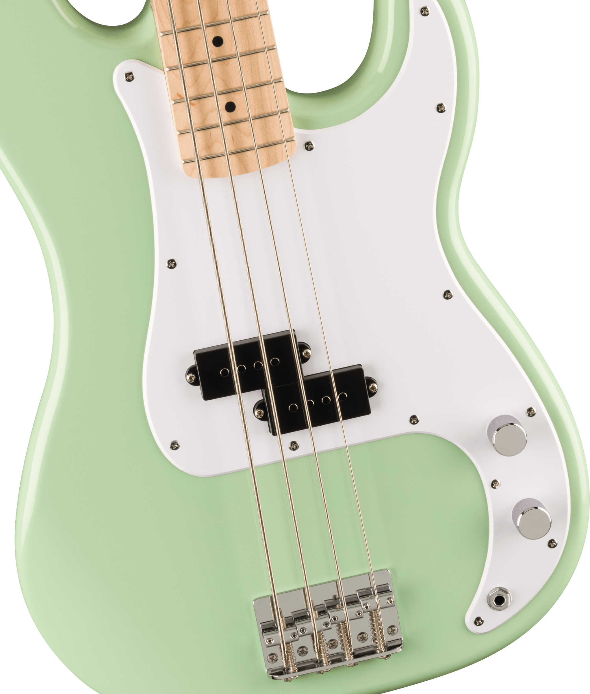 Pastel green bass guitar body with white pickguard, four silver strings, chrome bridge, two control knobs, and black split-coil pickups.