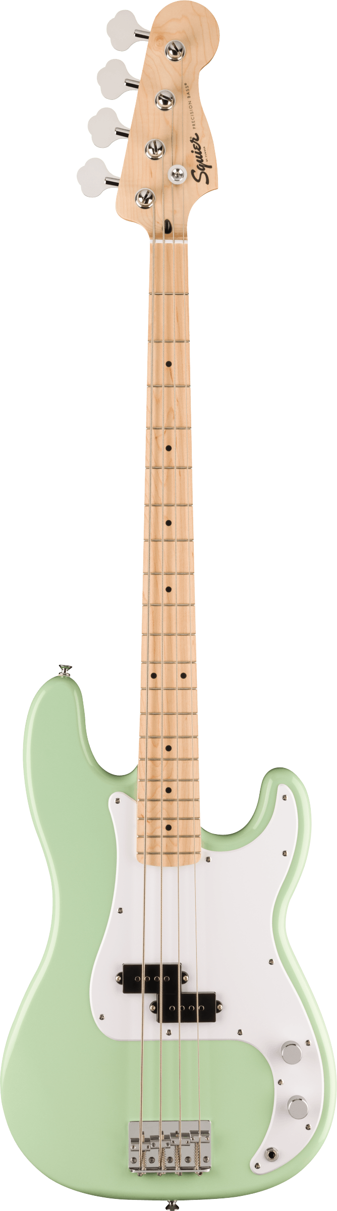 Squier Precision Bass guitar in light green with a white pickguard, four strings, and a natural maple neck and fretboard.
