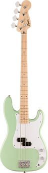 Squier Precision Bass guitar in light green with a white pickguard, four strings, and a natural maple neck and fretboard.