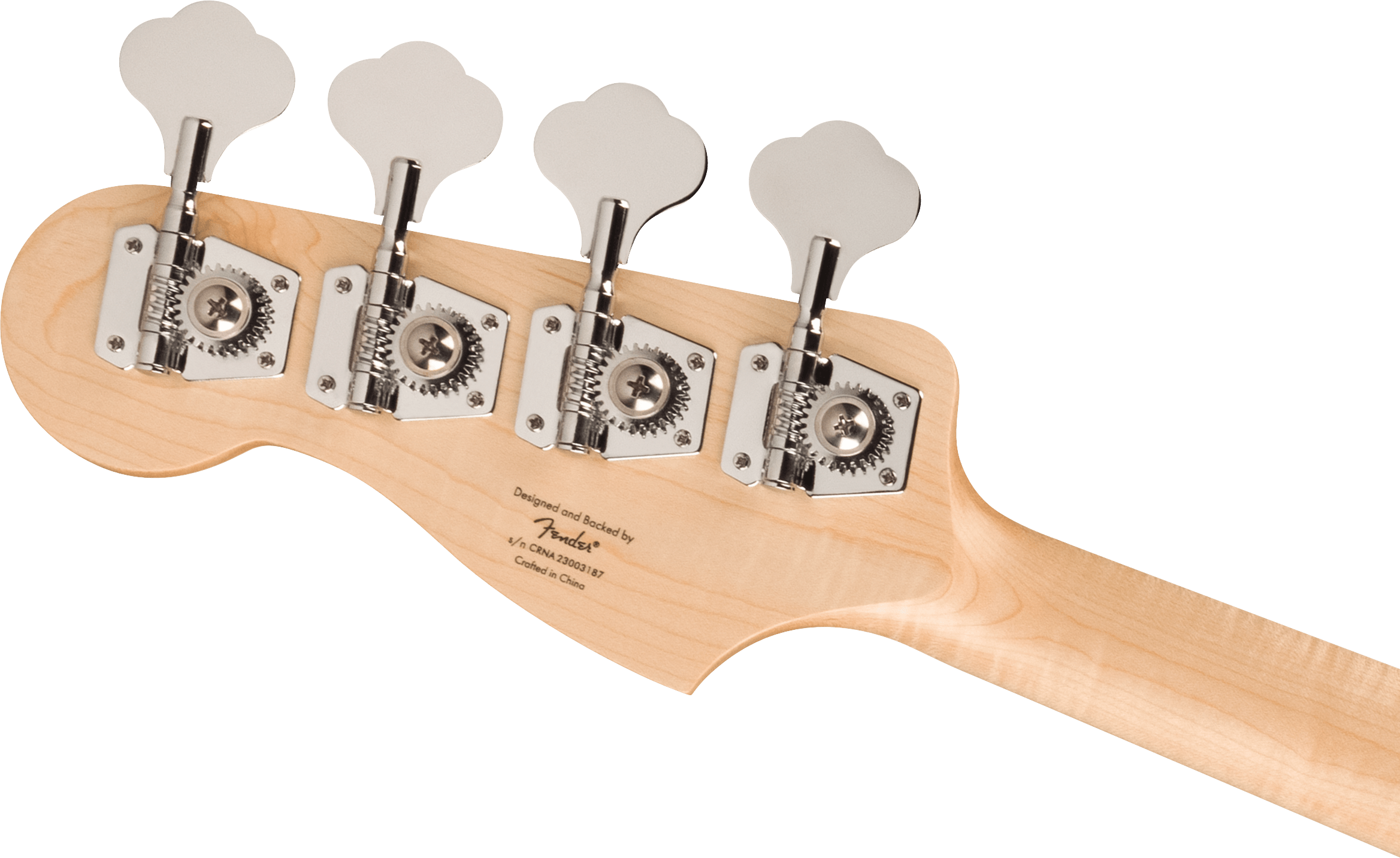 Four chrome tuning pegs on a light wood Fender bass guitar headstock, serial number and origin text stamped below the tuners.