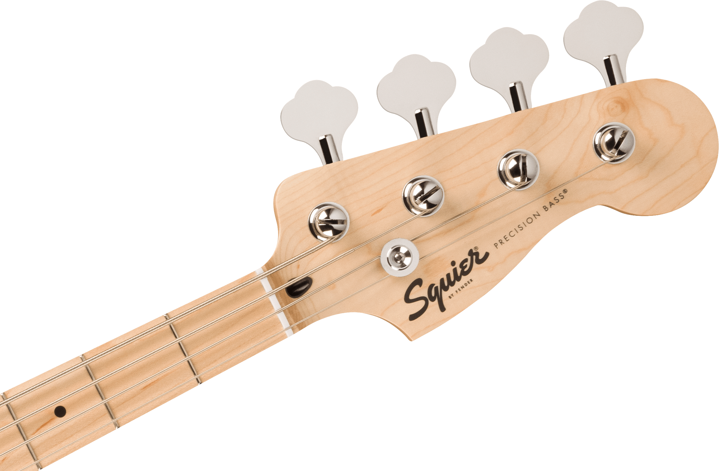 Light wood Squier Precision Bass guitar headstock with four metal tuning pegs, silver strings, and black logo text.