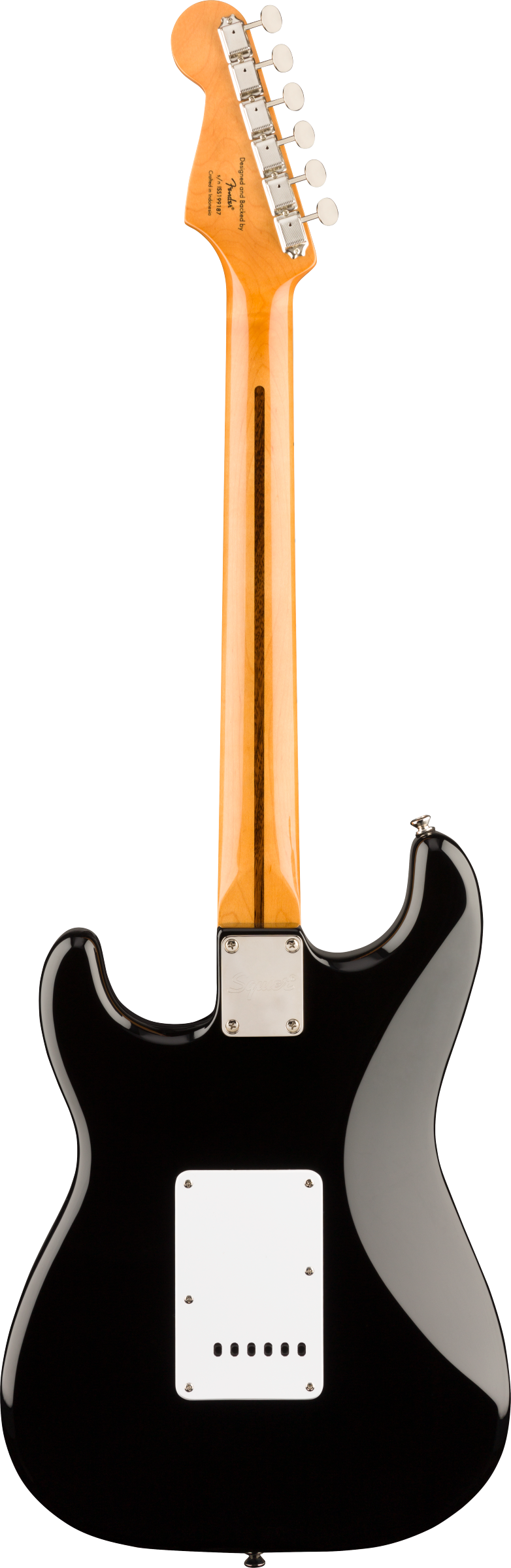 Black electric guitar viewed from the back, with a natural wood neck, silver tuners, and a white rectangular plate on the body.