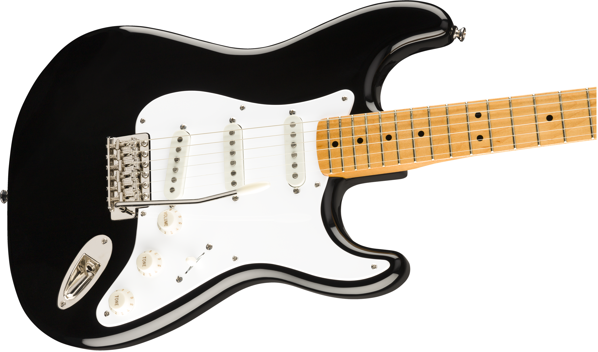 Black electric guitar with a white pickguard, three single-coil pickups, and a light wood neck and fretboard.