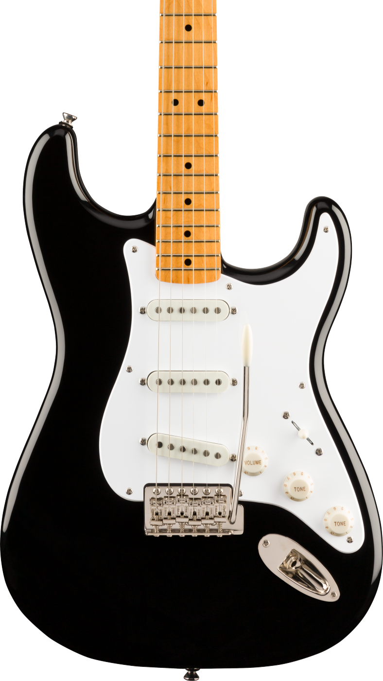 Black electric guitar with a white pickguard, three single-coil pickups, three white control knobs, and a maple neck with black dot inlays.