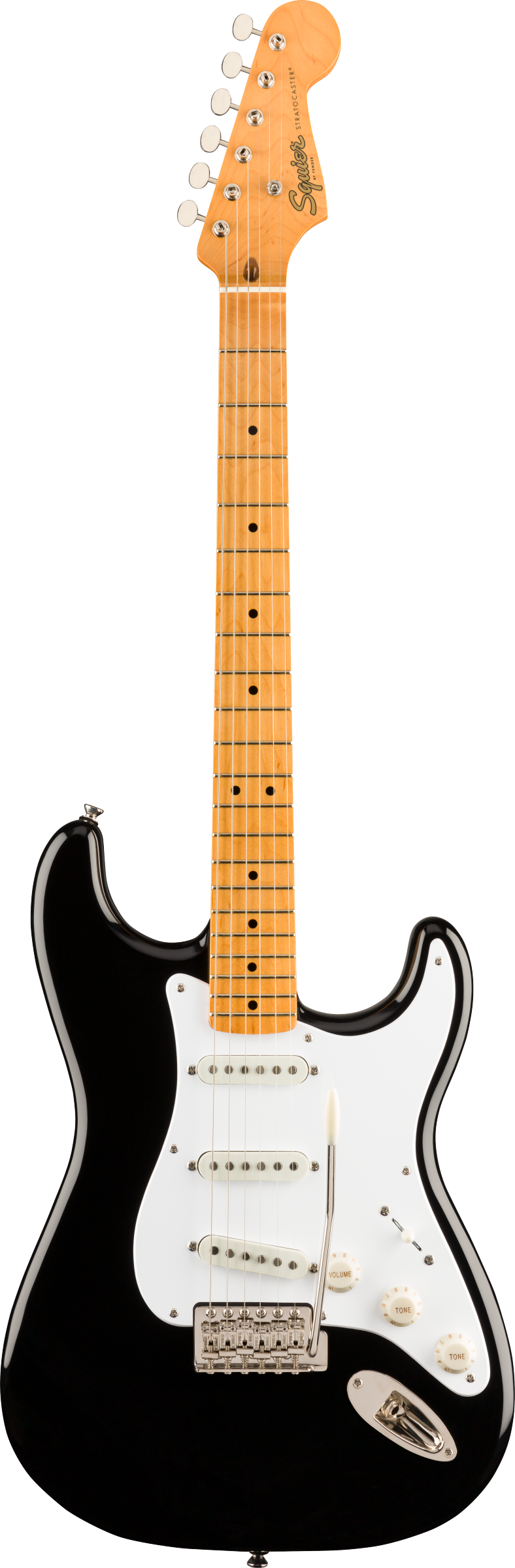Black Squier Stratocaster electric guitar with a white pickguard, three single-coil pickups, maple neck, and chrome hardware.