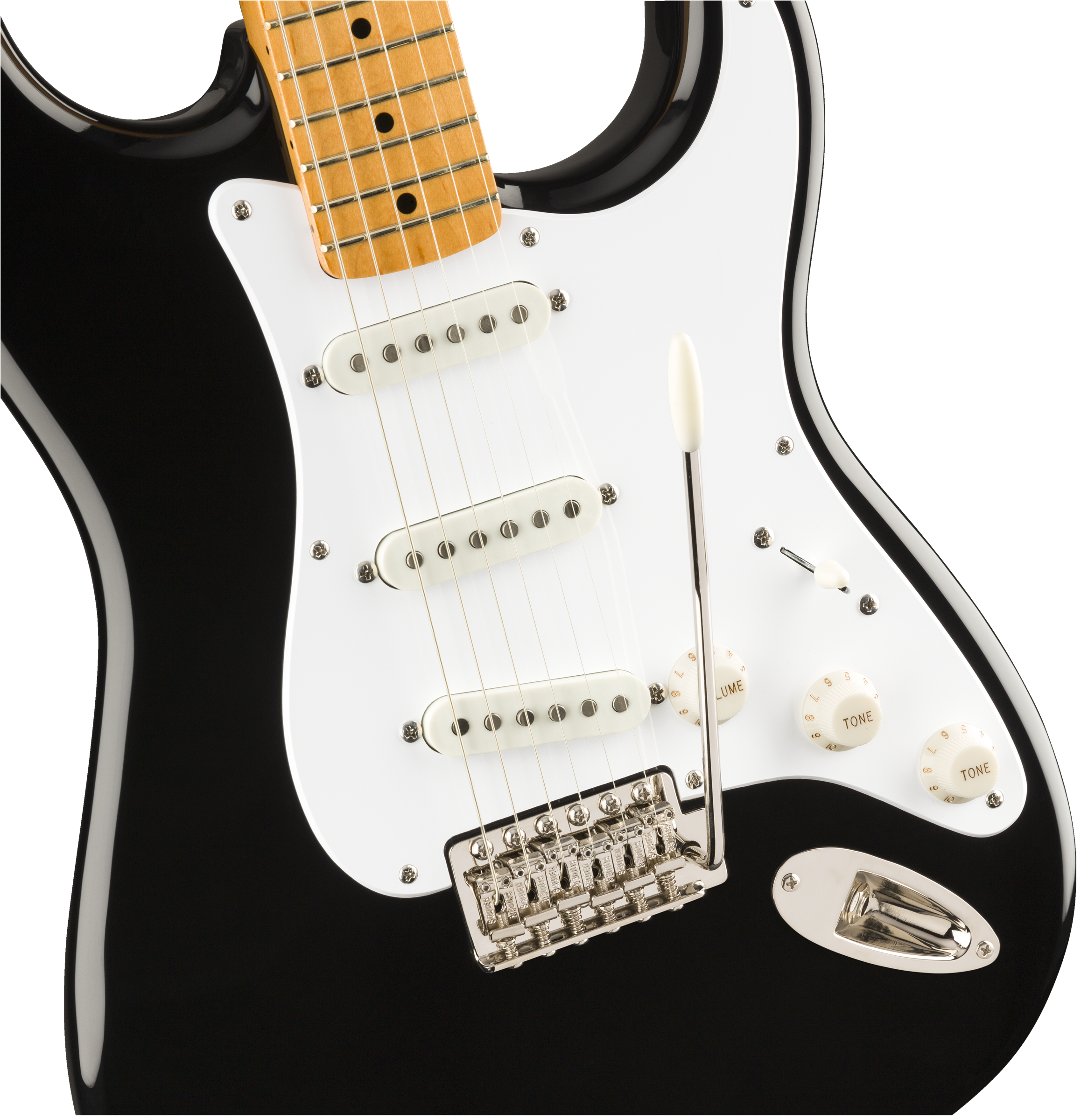 Black electric guitar body with a white pickguard, three white single-coil pickups, control knobs, and a chrome tremolo bridge with arm.