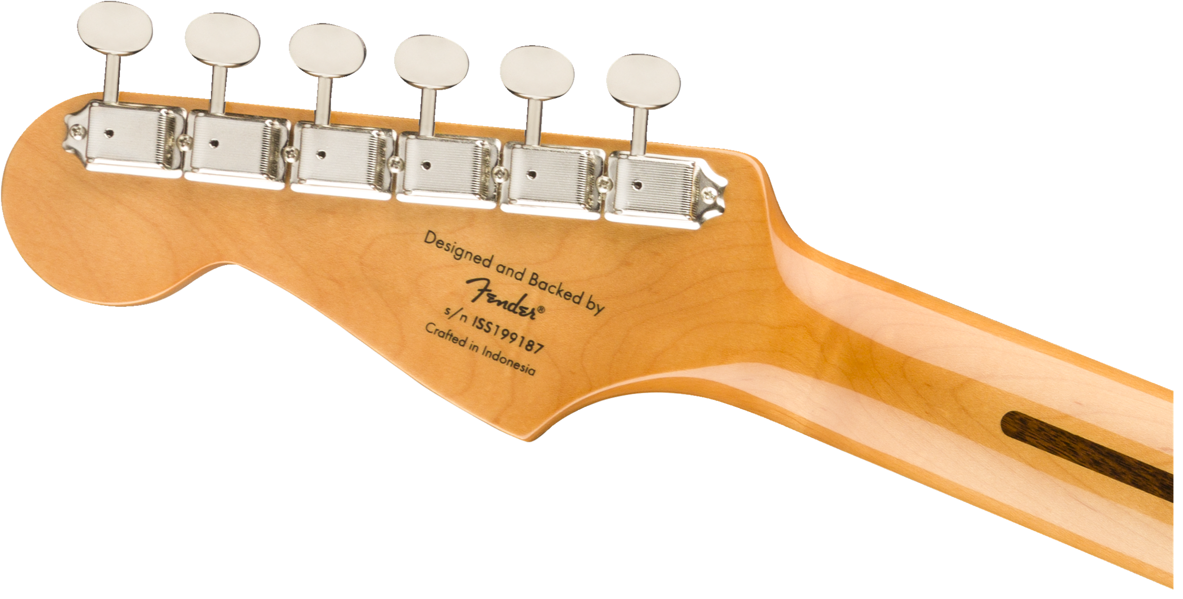 Back of a Fender electric guitar headstock, showing six chrome tuning pegs and text indicating it was crafted in Indonesia, with a serial number visible.