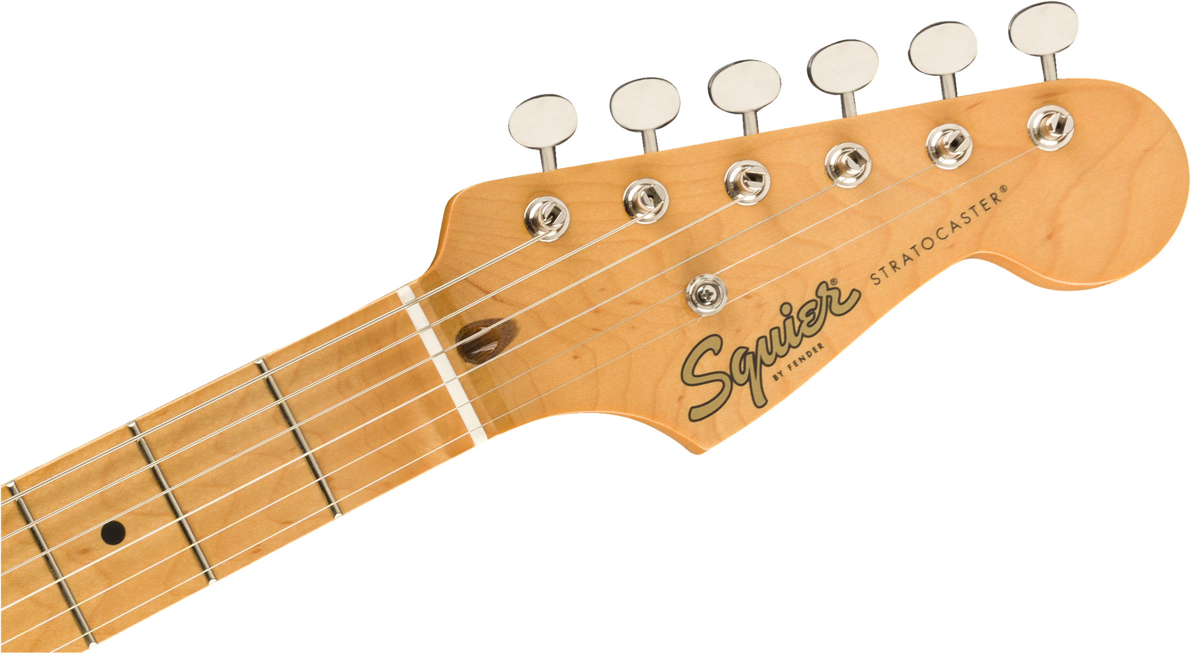 Six-string Squier Stratocaster electric guitar headstock in light wood with chrome tuning pegs and black logo lettering.