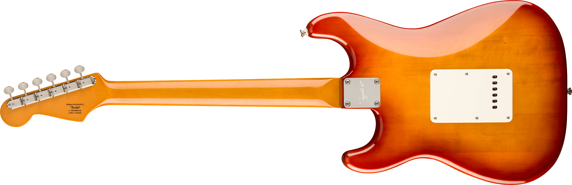 Sunburst electric guitar shown from the back, six tuning pegs, maple neck, metal neck plate, and rectangular white cover on the body.