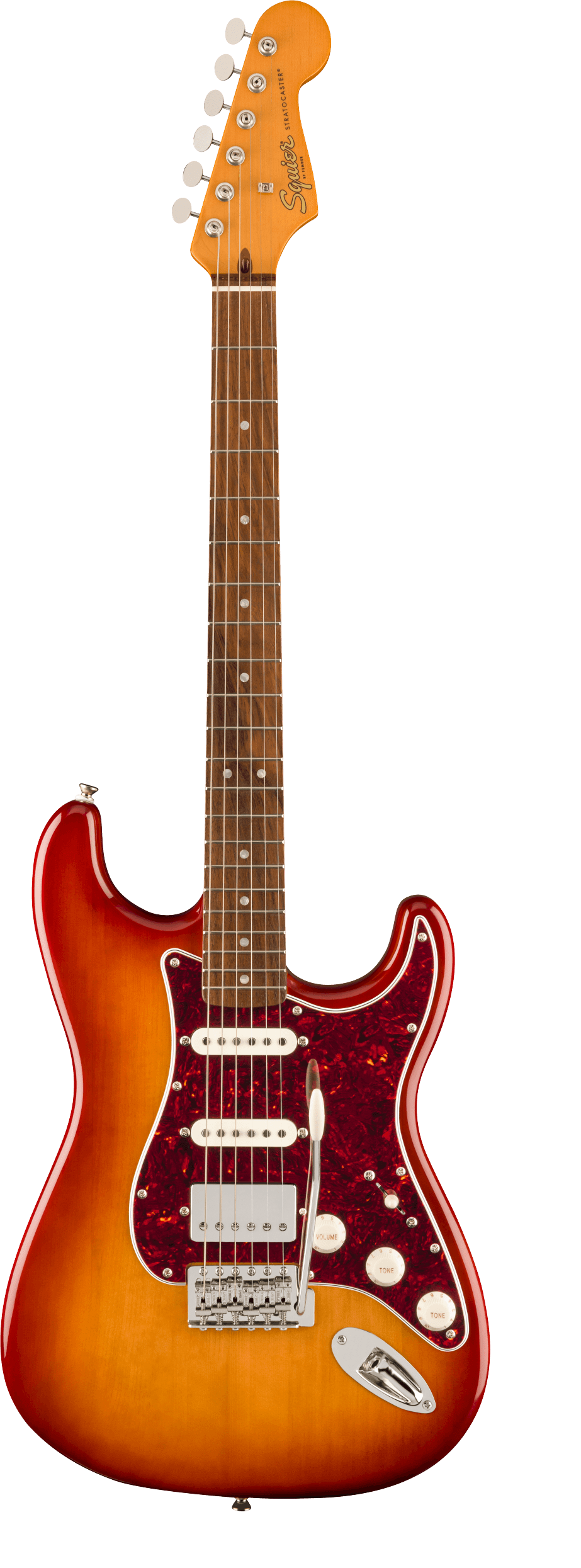 Electric guitar with a sunburst finish, white pickups, red tortoiseshell pickguard, and a maple neck with dot inlays.