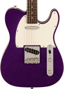 Squier Telecaster electric guitar with a dark purple glitter body, white pickguard, two control knobs, six strings, and a maple headstock.