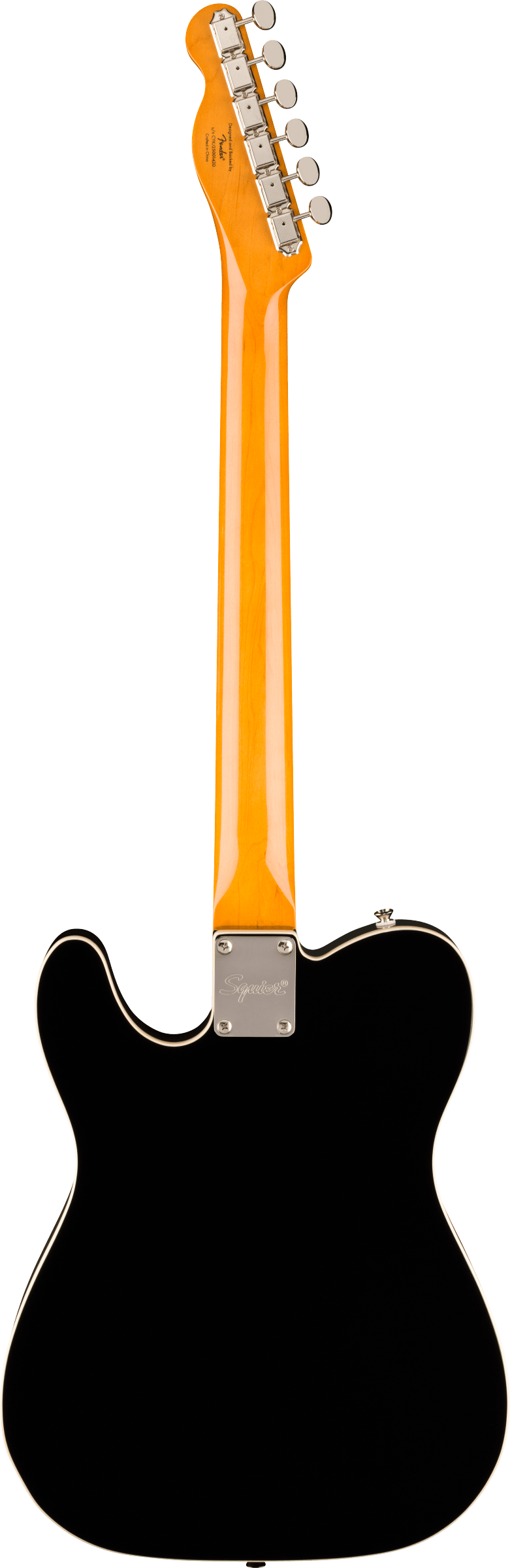 Guitare électrique avec corps noir brillant vu de dos, manche en bois clair et six mécaniques métalliques alignées sur la tête.