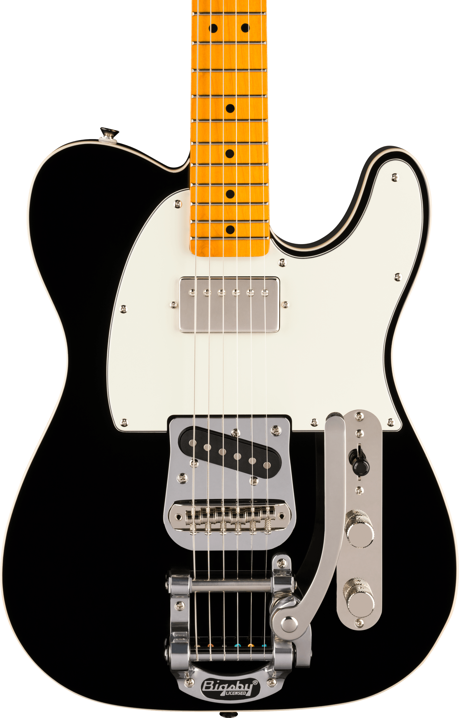 Guitare électrique noire à plaque blanche, manche érable jaune, deux micros, vibrato Bigsby chromé et deux boutons métalliques ronds.